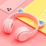 Small Wireless Headset, LED Light Up Cat Ear Shaped Headphones, Cartoon Luminous Head-mounted Stereo Bluetooth for Kids Adult Pink Headset Wireless