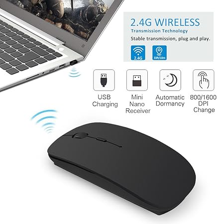 Hp Wireless Mouse Rechargeable USB Wireless Mouse Quiet Click Wireless Mouse for Laptop PC Computer Black