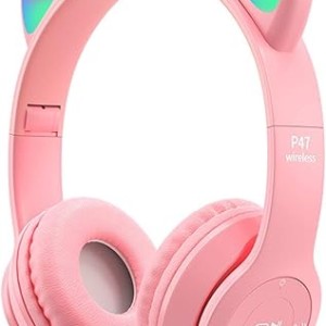 Small Wireless Headset, LED Light Up Cat Ear Shaped Headphones, Cartoon Luminous Head-mounted Stereo Bluetooth for Kids Adult Pink Headset Wireless