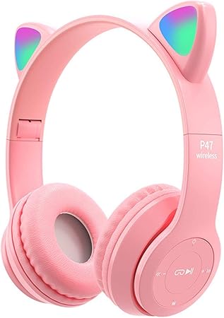 Small Wireless Headset, LED Light Up Cat Ear Shaped Headphones, Cartoon Luminous Head-mounted Stereo Bluetooth for Kids Adult Pink Headset Wireless