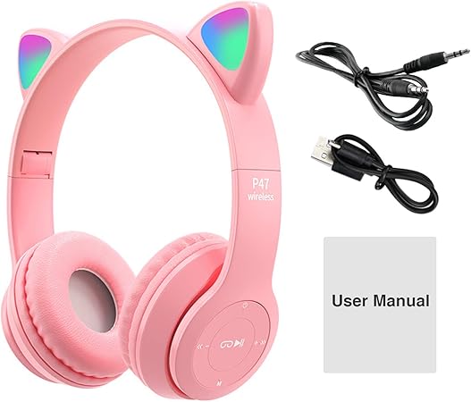 Small Wireless Headset, LED Light Up Cat Ear Shaped Headphones, Cartoon Luminous Head-mounted Stereo Bluetooth for Kids Adult Pink Headset Wireless