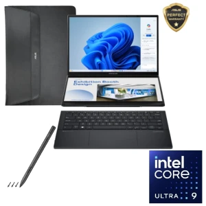 LAPTOP-ASUS-ZenBook Duo OLED-UX8406MA-OLEDI9IG-Core Ultra 9-185H-32G-2T.SSD-Intel Arc Graphics-14 Inch 3K (2880 x 1800) OLED WQ+ 120Hz-WIN11-INKWELL GREY-SLEEVE/PEN