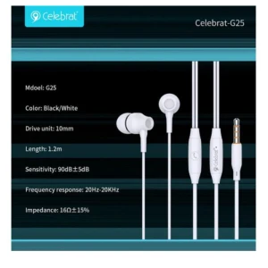 Celebrat G25 Earphone With Microphone Controller 1.2 Meter Length Black