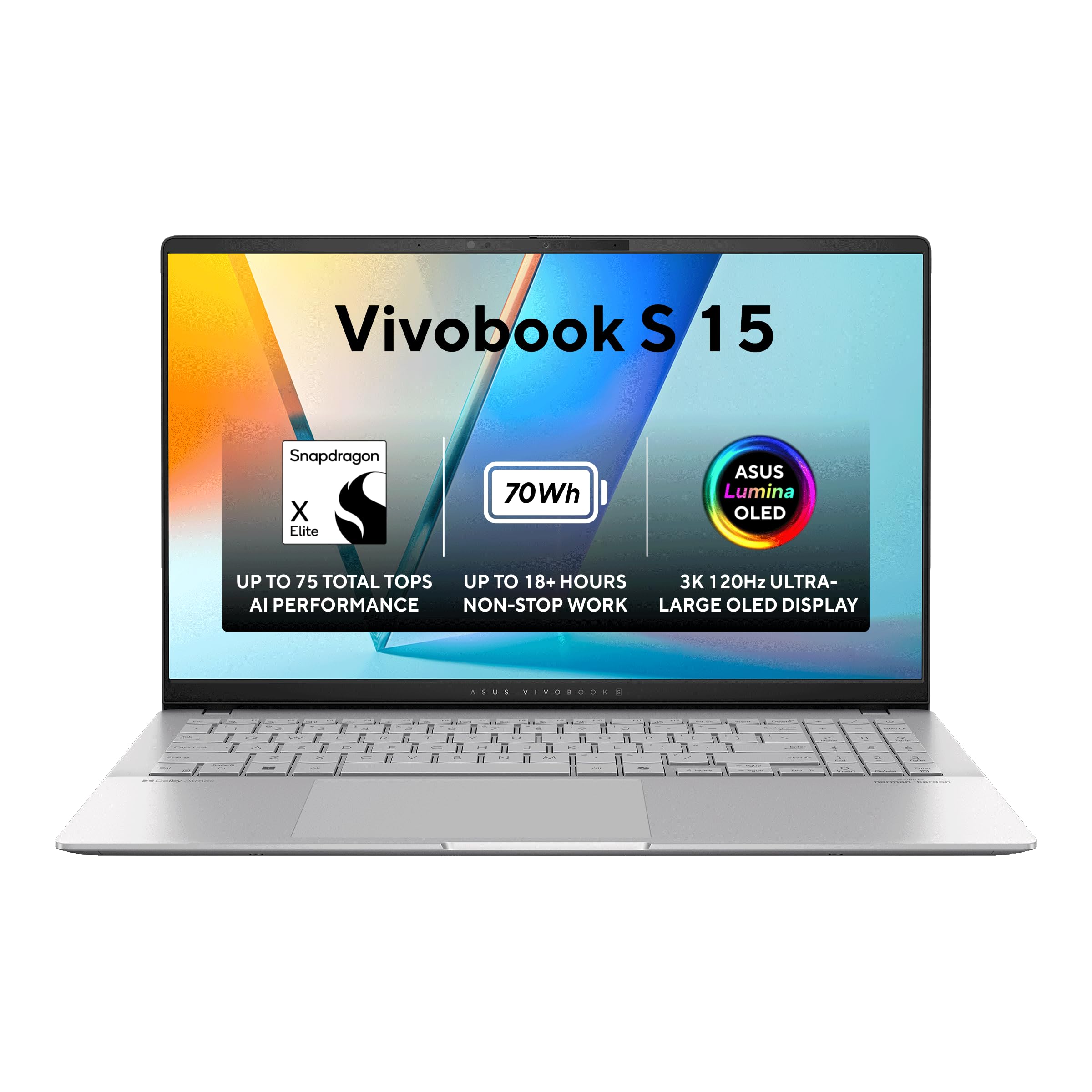 ASUS Vivobook S15 S5507QA-MA001W Laptop, Snapdragon® X Elite X1E 78 100, 32GB RAM, 1TB SSD, Qualcomm® Adreno GPU, 15.6" 120Hz, Win11