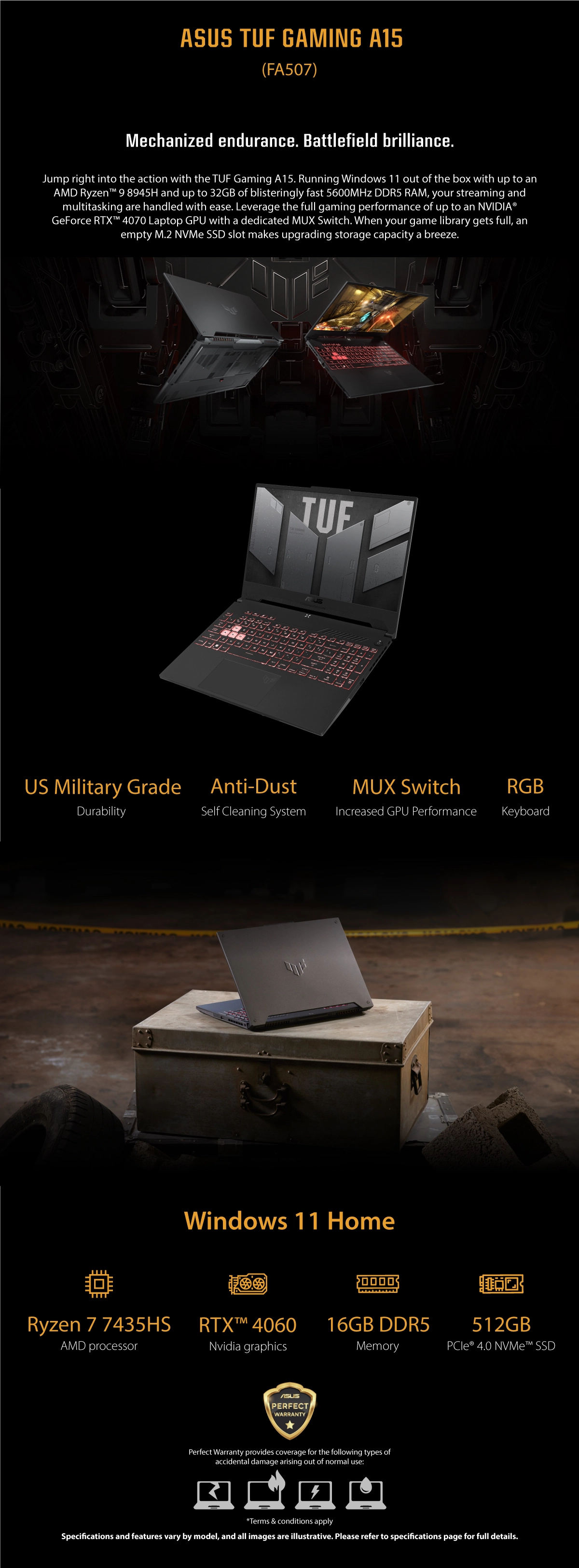 ASUS TUF Gaming A15 FA507NVR-LP007W Gaming Laptop AMD R7 7435HS, 16GB RAM 512GB SSD RTX™ 4060 8GB, 15.6” FHD 144Hz Win11 Jaeger Gray